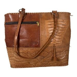 Vintage handmade western tooled Leather Shoulder Bag patchwork purse large tote
